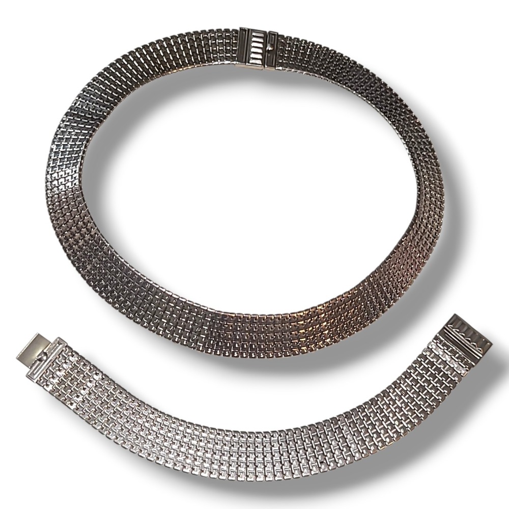 Vintage Silver Tone Mesh Chain Necklace Bracelet Set‎ Wide Flat Collar 16" & 7"